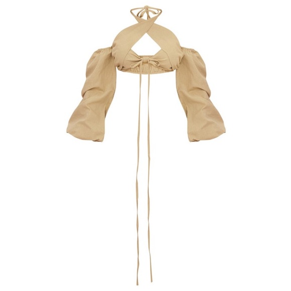 NWT PrettyLittleThing Olive Linen Feel Halter Lace Up Fringe Detail Top - Picture 4 of 6